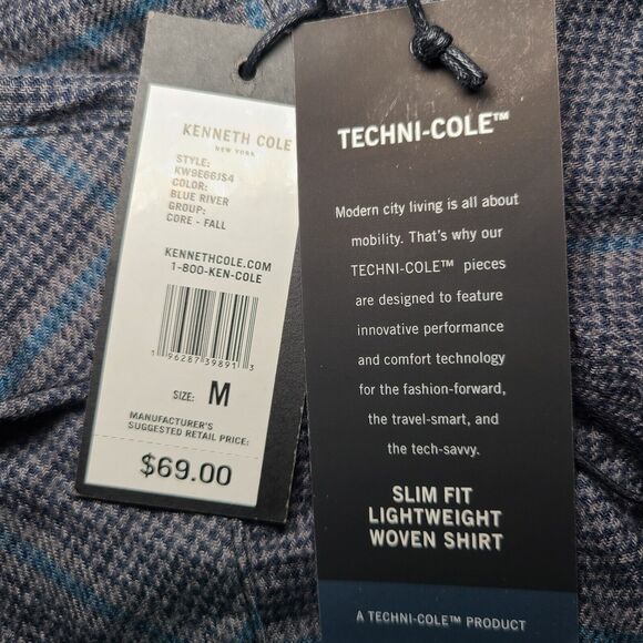 NWT Kenneth Cole Men's Medium Grey Plaid Slim Soft Button Up Shirt Techni-Cole - Picture 5 of 9